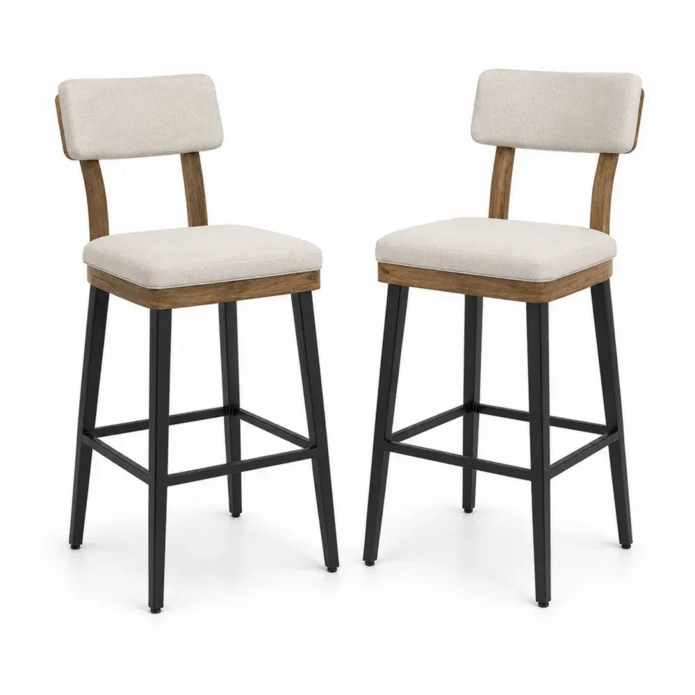 Barhocker 2er Set Tresenstühle mit Rückenlehne Polyestergewebe Stahl Kautschukholz beige naturfarben schwarz 47 x 52 x 98 cm