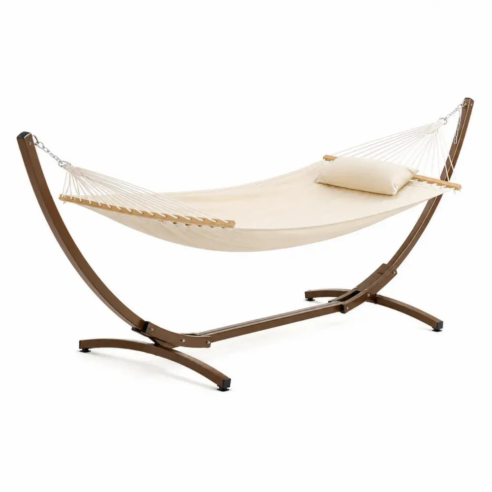 Hängematte mit Gestell und Kissen 330 x 100 x 110 cm Baumwoll-Polyester-Gewebe pulverbeschichteter Stahl Kautschukholz Creme Braun