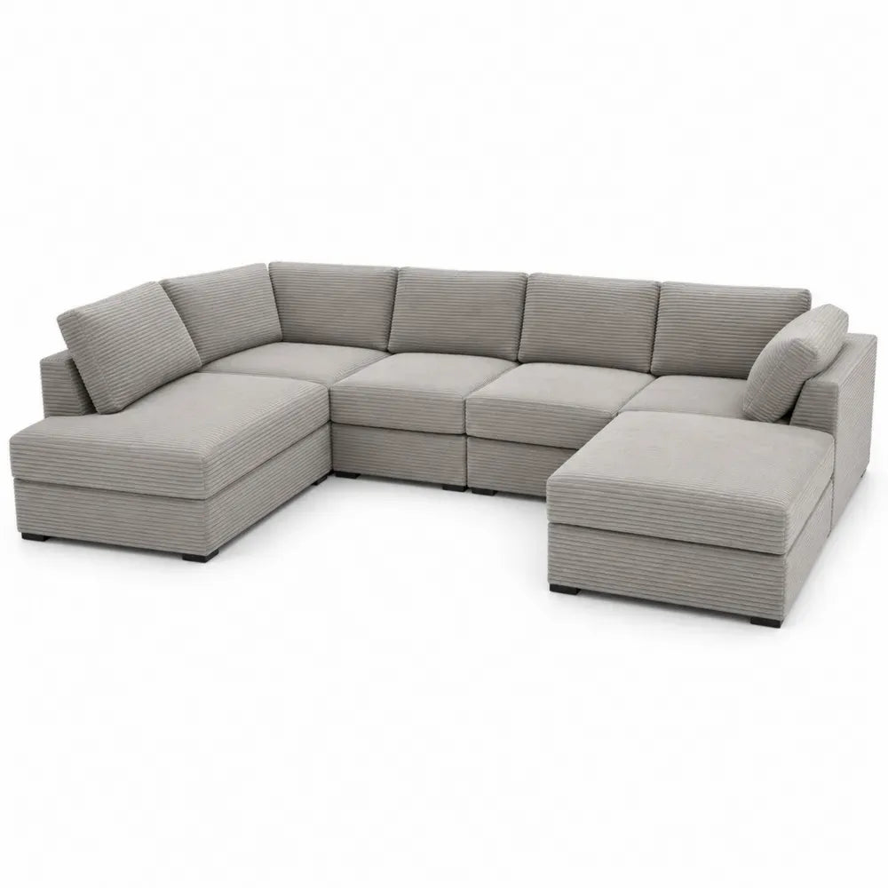 Modulares U-Sofa Wohnlandschaft 6-Sitzer Cord Polyester Grau Kiefernholz 300 x 180 x 82 cm