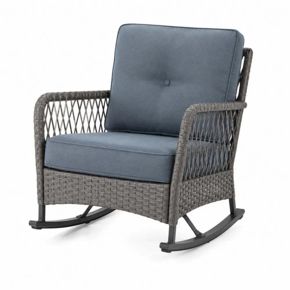 Gartenschaukelstuhl mit Armlehnen und Kissen rechteckig PE-Rattan Stahl Polyester Grau Blau Schwarz 72 x 90 x 92 cm