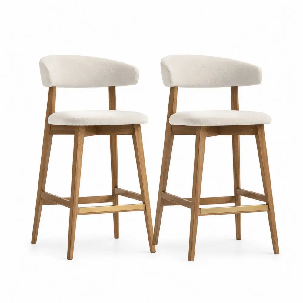 Barhocker 2er Set mit Rückenlehne und Fußstütze Kautschukholz Polyester-Bouclé beige naturbraun goldfarben 48 x 52 x 98 cm
