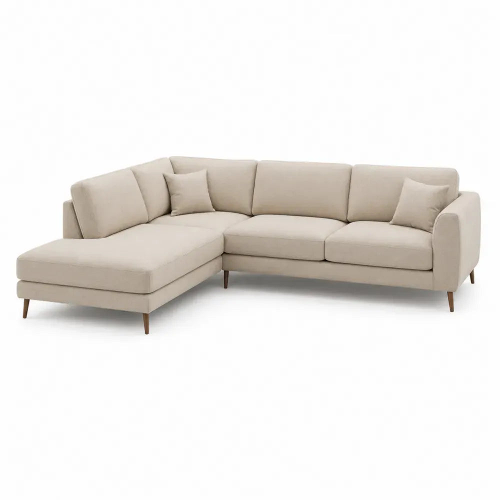 Modulares Ecksofa 4 Sitzer mit linker Ottomane L-Form 260 x 165 x 84 cm Polyestergewebe Beige Kautschukholz Dunkelbraun