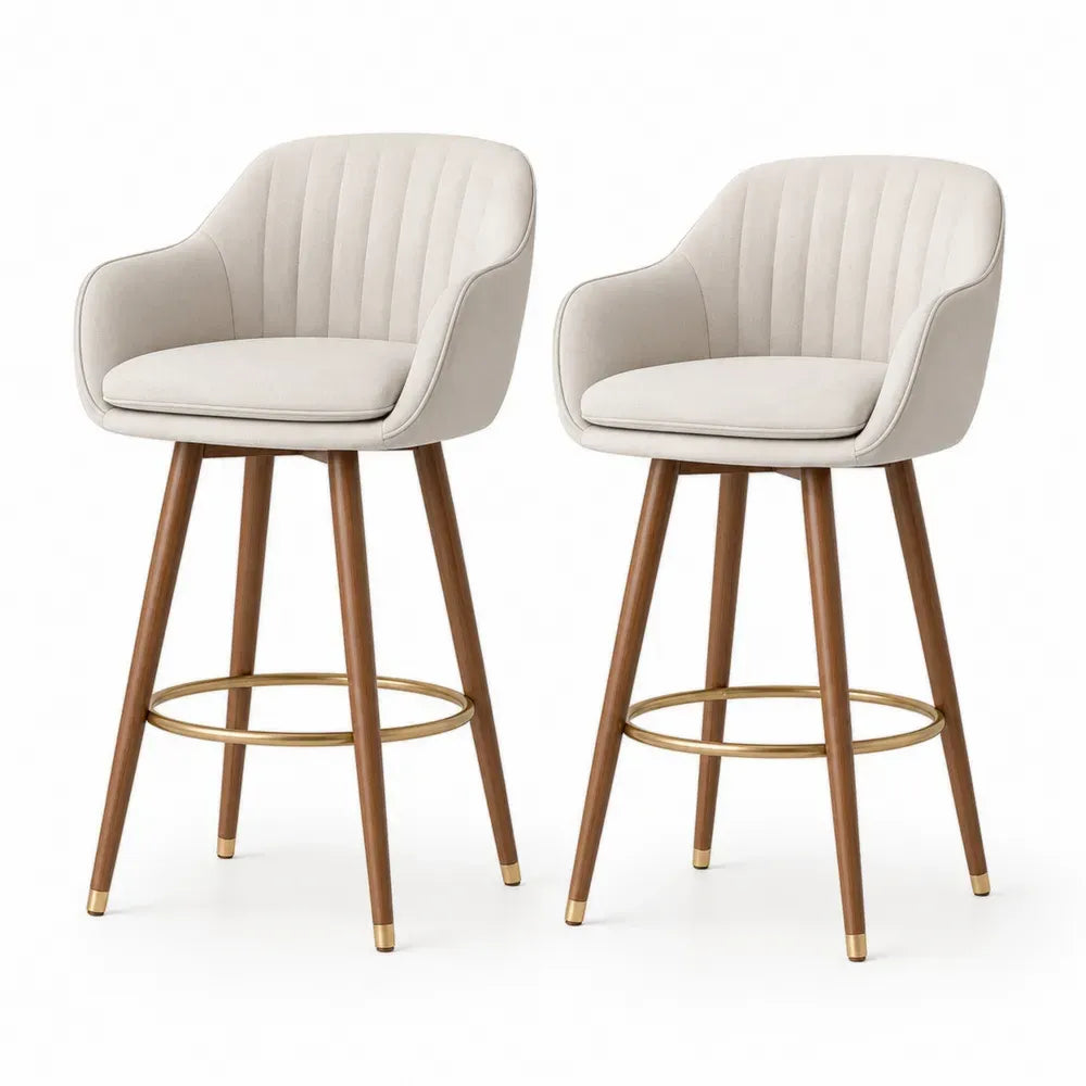 Barhocker 2er Set mit Rückenlehne Armlehnen Polyester-Samt Massivholz creme braun messingfarben 58 x 57 x 96 cm