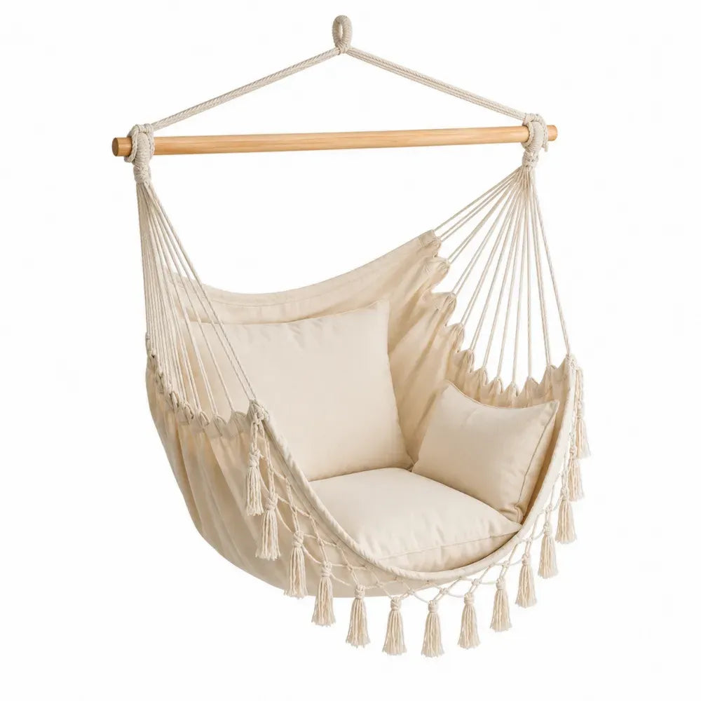 Hängesessel ohne Gestell mit Kissen Baumwoll-Polyester-Gewebe Kiefernholz Creme Naturfarben 100 x 80 x 130 cm
