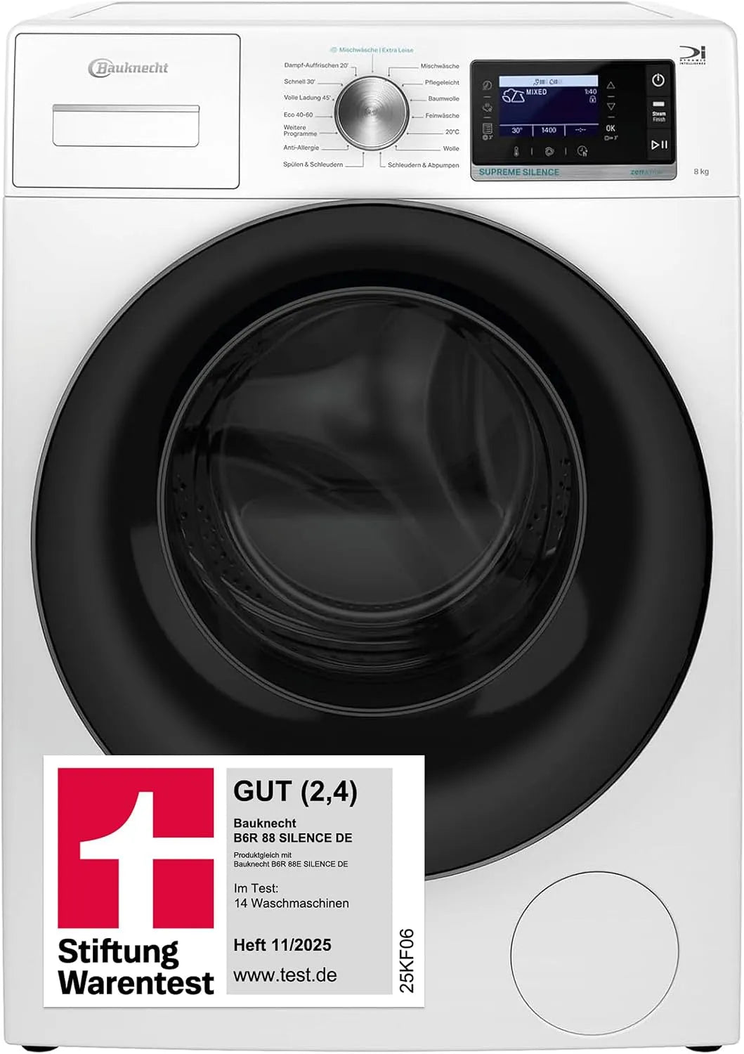 Bauknecht B6R Waschmaschine, 8 kg, Dampf, leise, Weiß, 88 SILENCE DE, Supreme Silence, EEK A-20%, 1400 U/min, Stiftung Warentest GUT, ZEN-Motor