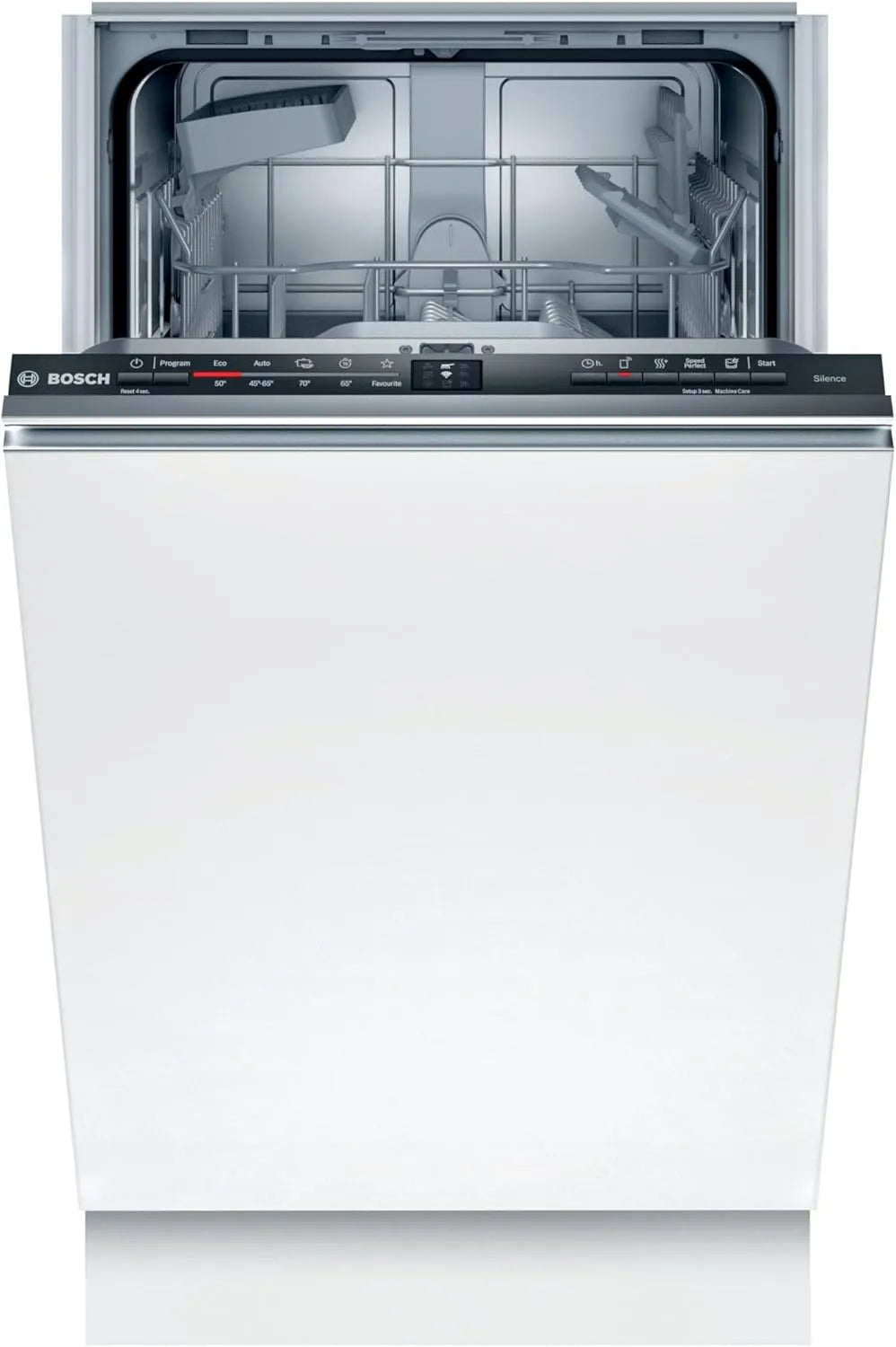 Bosch Serie 2 SPV2IKx10E Geschirrspüler, 45 cm, aquaStop, Besteckkorb, Slim-Format, vollintegriert, Edelstahl, Weiß, 45 cm Breit, InfoLight Roter