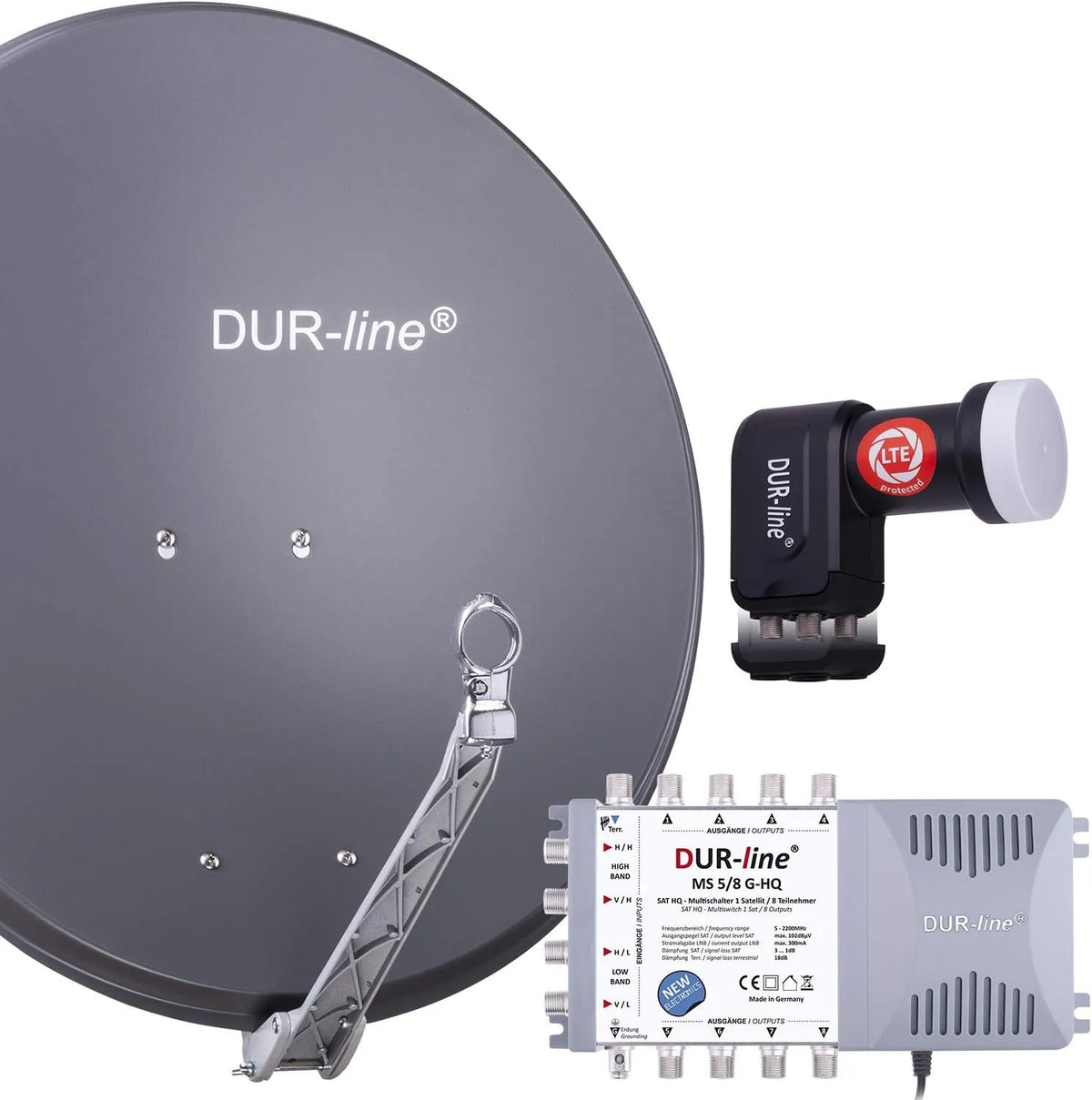 Satellitenreceiver 75cm, 80cm, 3D-Optik, DVB-S2, 4K UHD, DUR-line 8 Teilnehmer Set, Select Spiegel, Schüssel Anthrazit + Multischalter + LNB