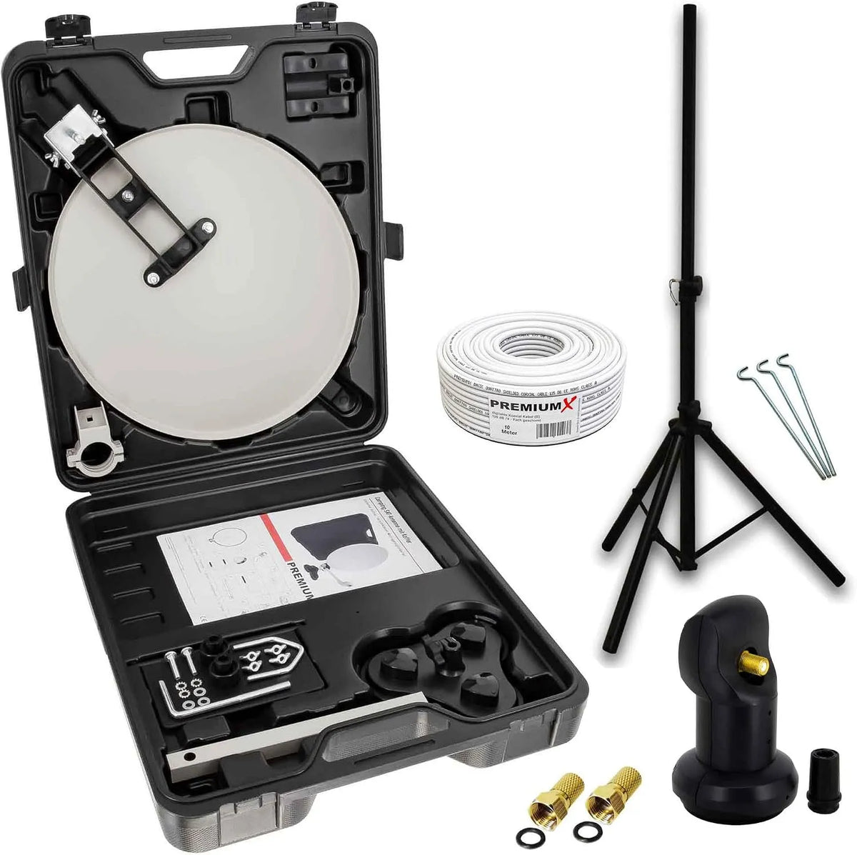 Gerätezubehör 10m, Camping, Premiumx Camping SAT Anlage Satelliten-Schüssel Stativ Single LNB 10m Kabel 2x F-Stecker kompakt im Koffer als ideales