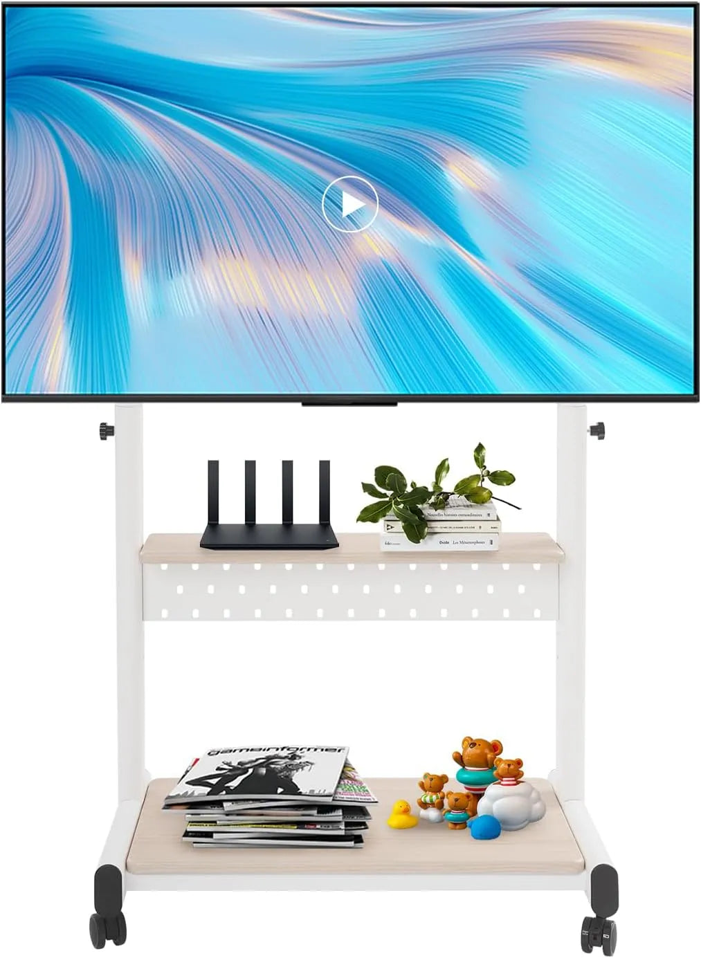 TV-Möbel, 86 Zoll, Wohnzimmergestaltung, Weiß, Höhenverstellbarer TV Ständer mit 4 Rädern und 2 Bremsen für 43-86 Zoll Fernseher Perforated Board