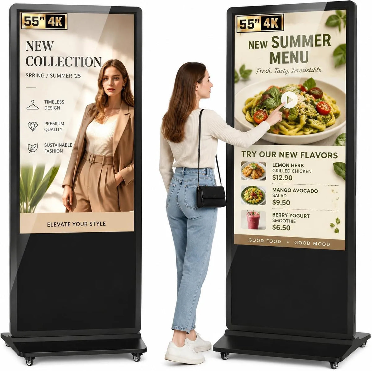 Digital Signage Display, 55 Zoll, LCD-Werbedisplay, Einzelhandel, Gastronomie, Transportrollen, WLAN, Android OS, 4K UHD, IPS-Panel, HDMI, USB