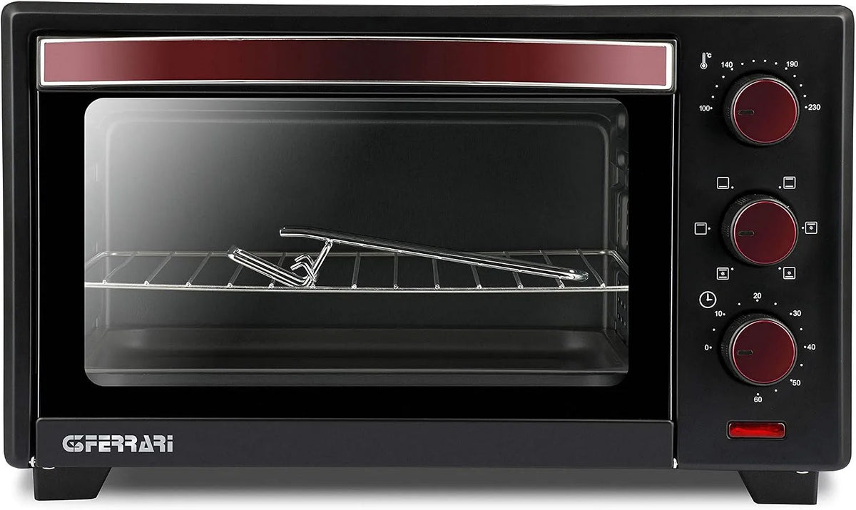 Backofen G10135, 20 L, 1380 W, 100 bis 230 °C, Timer, Grill, kompakt, Antihaftbeschichtung, 2 Temperaturzonen, Schwarz, 60 Min Timer, Mini Backofen