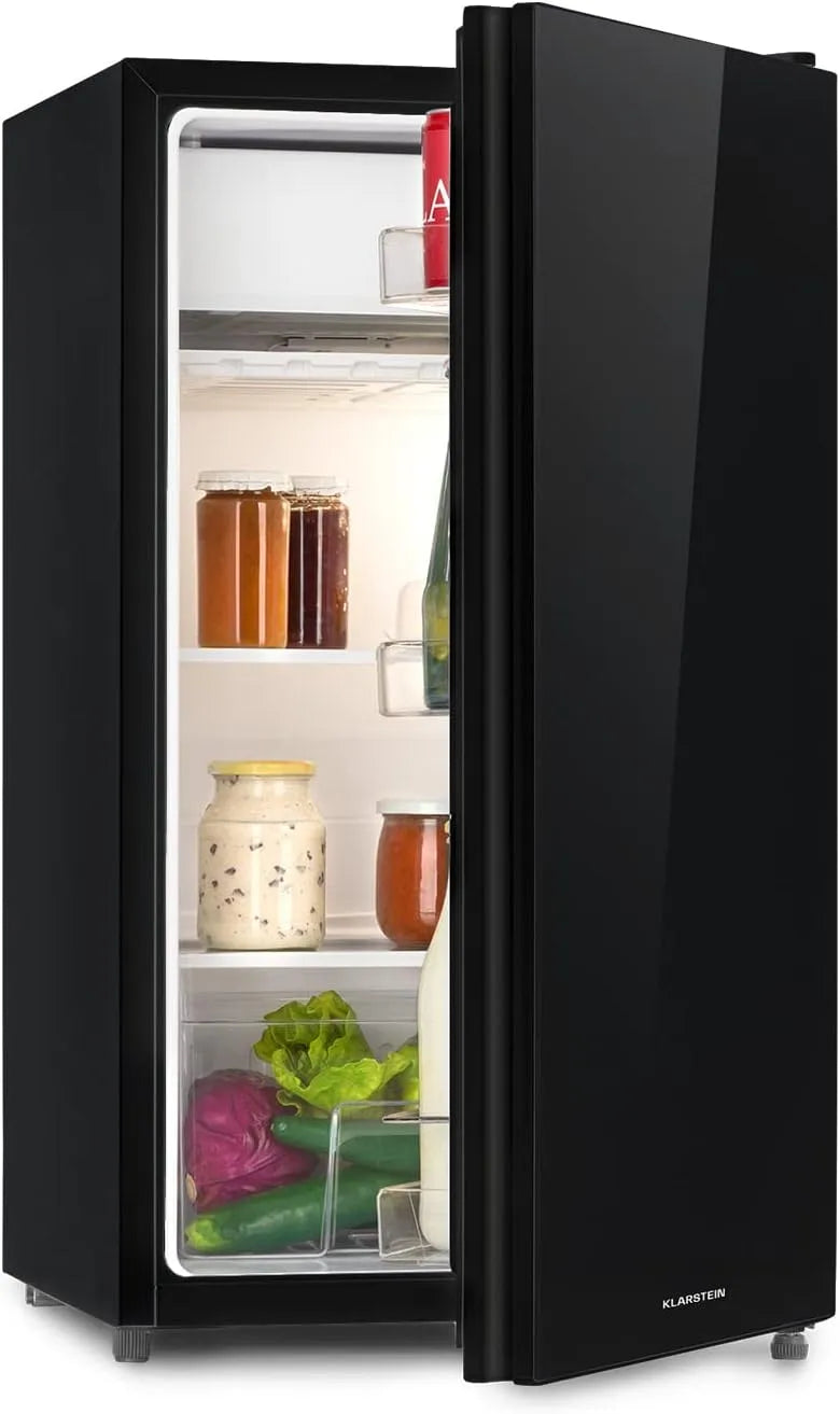 Klarstein Kühl-Gefrierkombination, 91 L, 45 x 84 x 48, 5 cm, freistehend, Kühlschrank mit Gefrierfach, Schwarz, Glasfront, BxHxT
