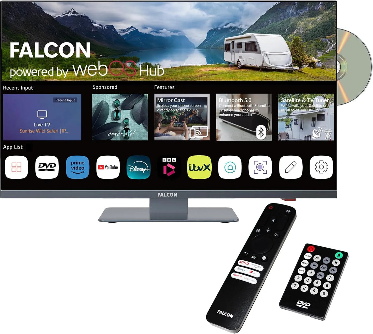 Smart TV 12V/24V, 24 Zoll, 12 V, Fernseher, webOS, USB, WLAN, Bluetooth, Camping, Integrated DVD Player, Motorhome Compatible to IPTV, Falcon 24 inch