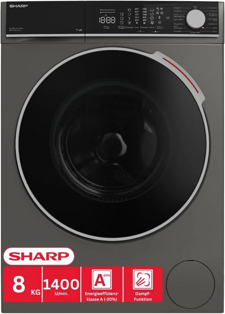 Sharp ES-WNFL814CADA-DE Waschmaschine, 8 kg, Energieklasse A, WLAN, App, Inverter, Dampf, aquaStop, Grau, Super Silent, 1400 U/min, Espresso Gray