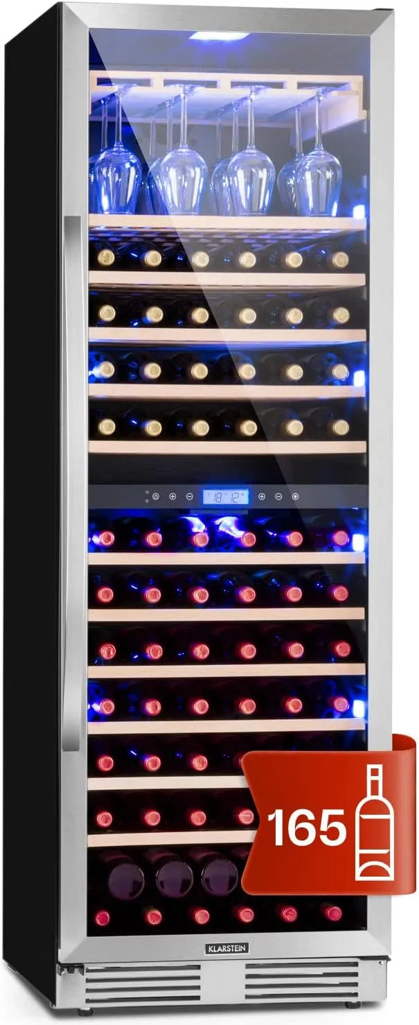 Klarstein Weinkühlschrank, 433 L, 165 Flaschen, Glas, Einbau, Outdoor, 2 Zonen Getränkekühlschrank Klein, Indoor, Kleiner Weinschrank 433L