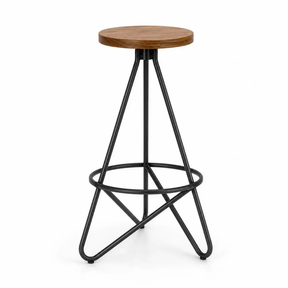 Barhocker mit Fußstütze runde Sitzfläche Kautschukholz Stahl braun schwarz 48 x 48 x 75 cm