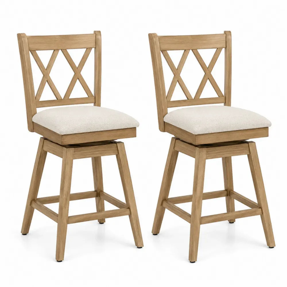 Barhocker 2er Set Tresenstühle drehbar mit Kreuzlehne Polyestergewebe Kautschukholz creme naturfarben 48 x 52 x 104 cm