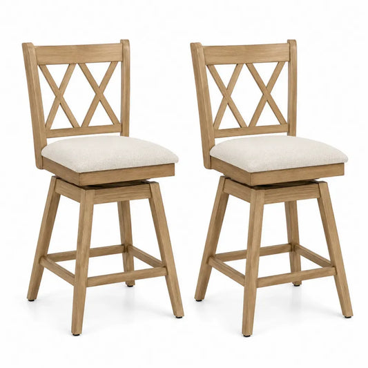Barhocker 2er Set Tresenstühle drehbar mit Kreuzlehne Polyestergewebe Kautschukholz creme naturfarben 48 x 52 x 104 cm