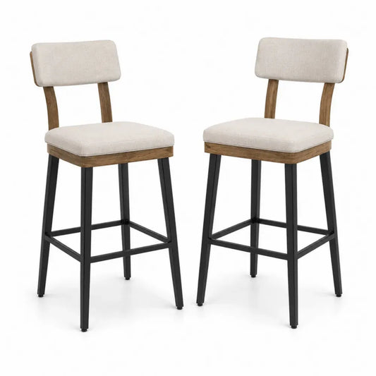 Barhocker 2er Set Tresenstühle mit Rückenlehne Polyestergewebe Stahl Kautschukholz beige naturfarben schwarz 47 x 52 x 98 cm