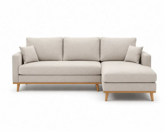 Modulares Sofa 3 Sitzer mit Recamiere rechts L Form Polyestergewebe Beige Kautschukholz Naturfarben 215 x 145 x 86 cm