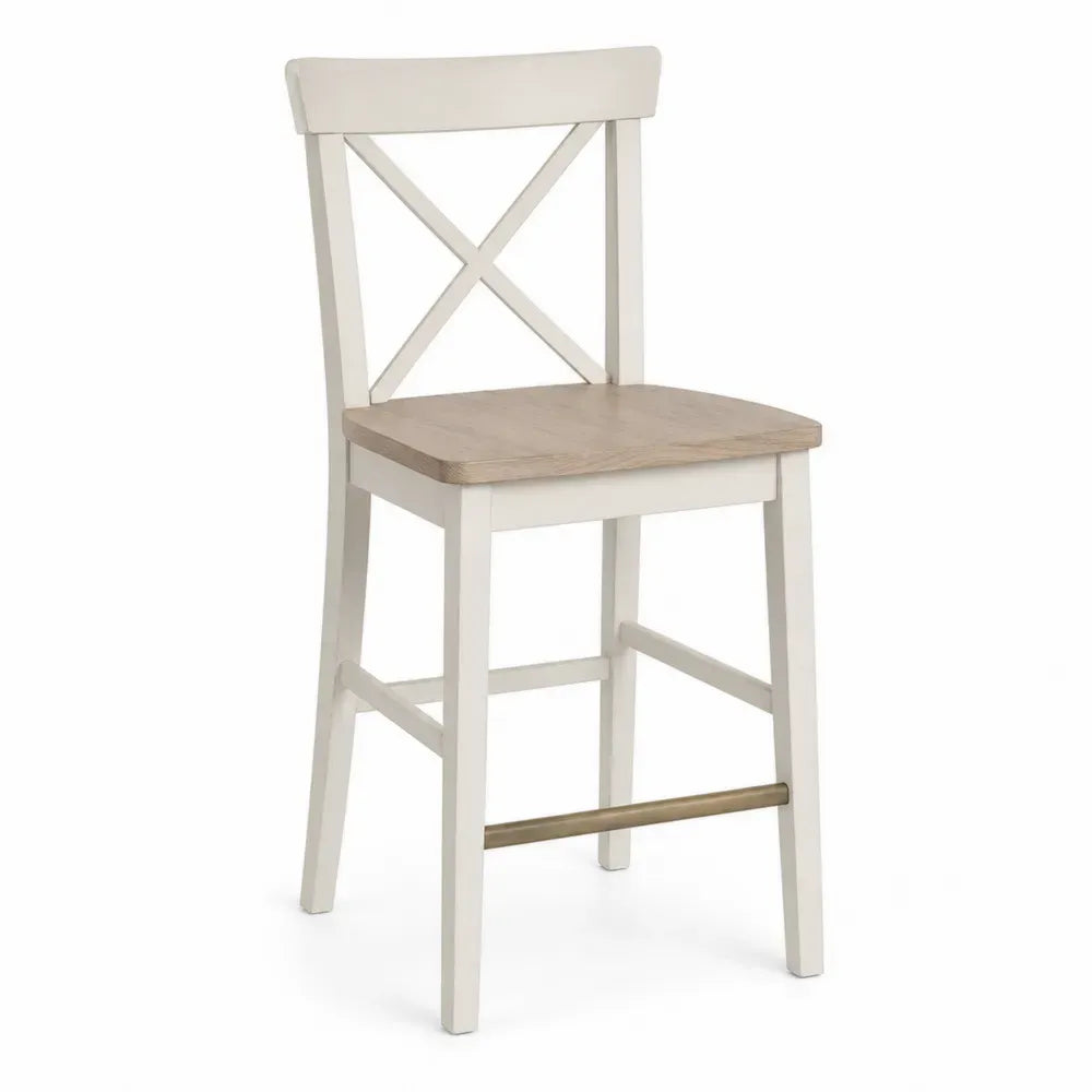 Barhocker Thekenstuhl mit X Rückenlehne Kautschukholz Stahl cremeweiß naturfarben messingfarben 45 x 50 x 109 cm