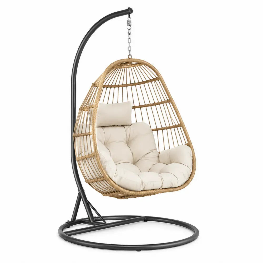 Hängesessel mit Standgestell tropfenförmig PE-Rattan Naturfarben Stahl Schwarz Sitzkissen Creme 95 x 95 x 195 cm