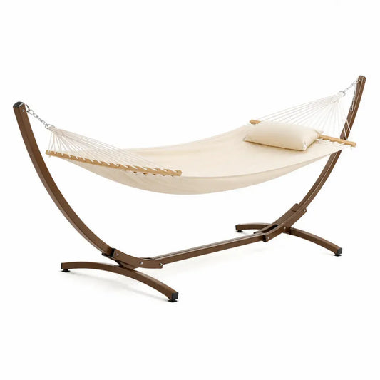 Hängematte mit Gestell und Kissen 330 x 100 x 110 cm Baumwoll-Polyester-Gewebe pulverbeschichteter Stahl Kautschukholz Creme Braun