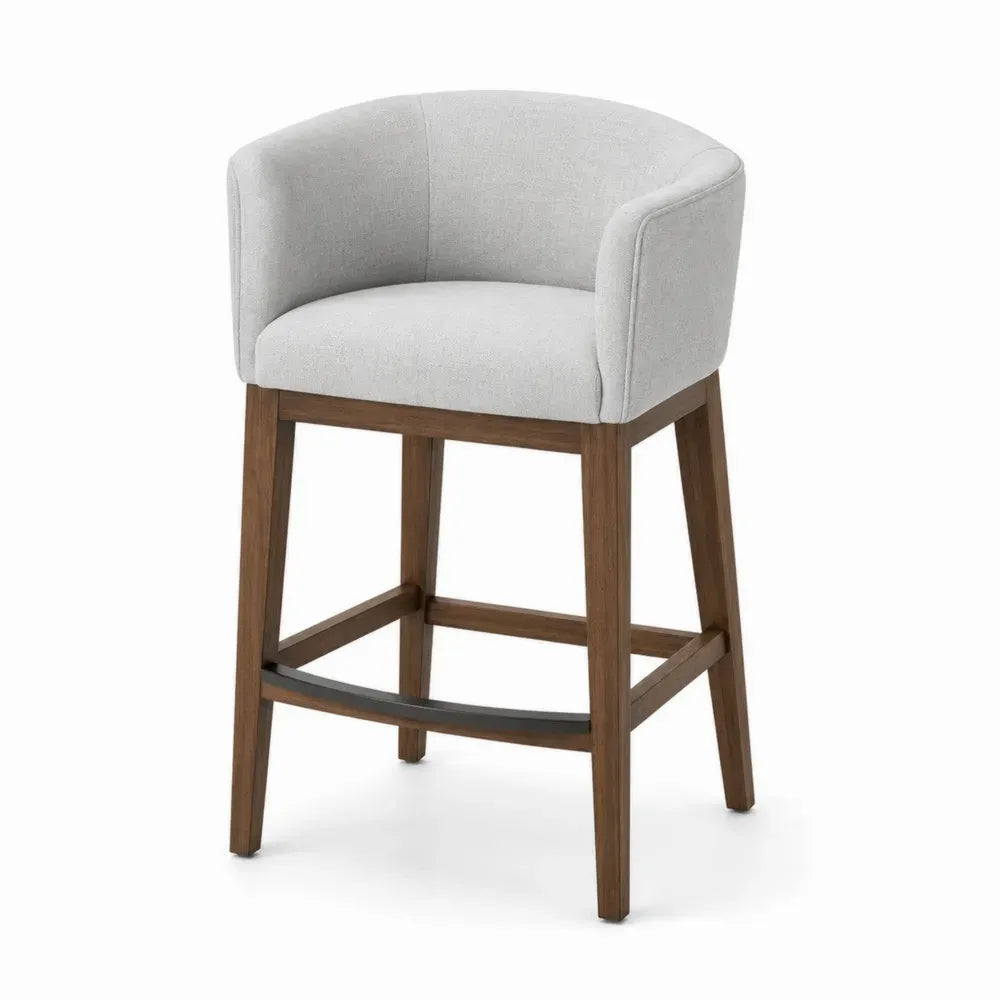 Barhocker mit Rückenlehne und Fußstütze Polsterschale Polyestergewebe Kautschukholz hellgrau braun schwarz 55 x 54 x 93 cm