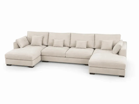 Modulares Sofa Wohnlandschaft U-Form mit 2 Ottomanen 320 x 155 x 82 cm Polyestergewebe Beige Kiefernholz Dunkelbraun