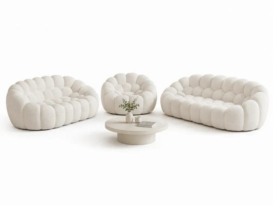 Modulares Sofa Set 3 teilig mit Sessel Zweisitzer Dreisitzer Polyester Bouclé Creme abgerundet 230 x 95 x 78 cm