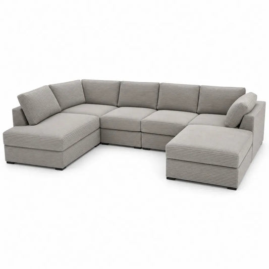 Modulares U-Sofa Wohnlandschaft 6-Sitzer Cord Polyester Grau Kiefernholz 300 x 180 x 82 cm