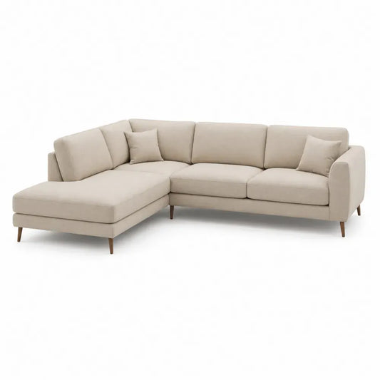 Modulares Ecksofa 4 Sitzer mit linker Ottomane L-Form 260 x 165 x 84 cm Polyestergewebe Beige Kautschukholz Dunkelbraun