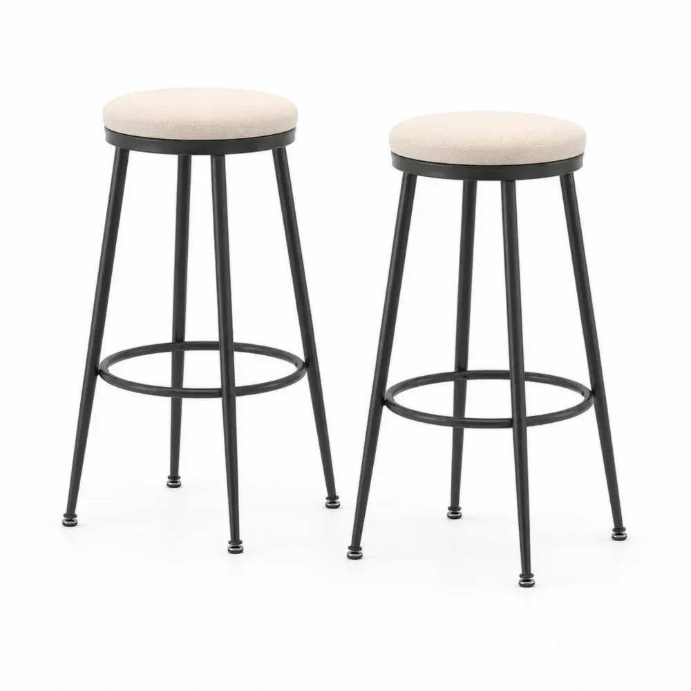 Barhocker 2er Set ohne Rückenlehne runder Sitz Polyester Beige pulverbeschichteter Stahl Schwarz 45 x 45 x 76 cm