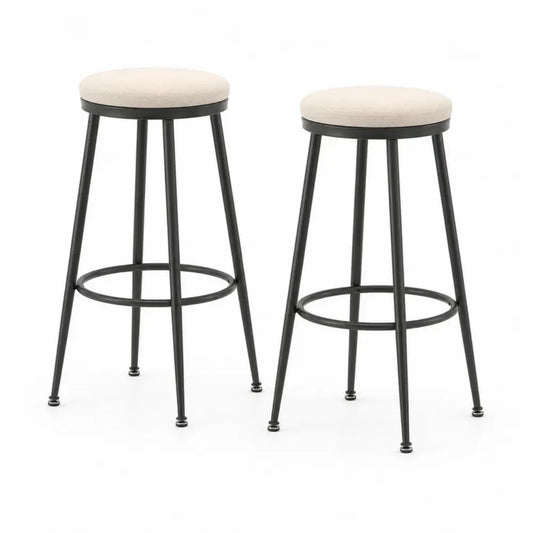 Barhocker 2er Set ohne Rückenlehne runder Sitz Polyester Beige pulverbeschichteter Stahl Schwarz 45 x 45 x 76 cm