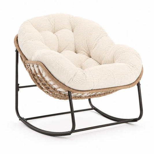 Papasan Schaukelstuhl Gartensessel mit Kissen rund PE-Rattan Stahl Polyestergewebe Creme Naturbeige Schwarz 95 x 88 x 86 cm