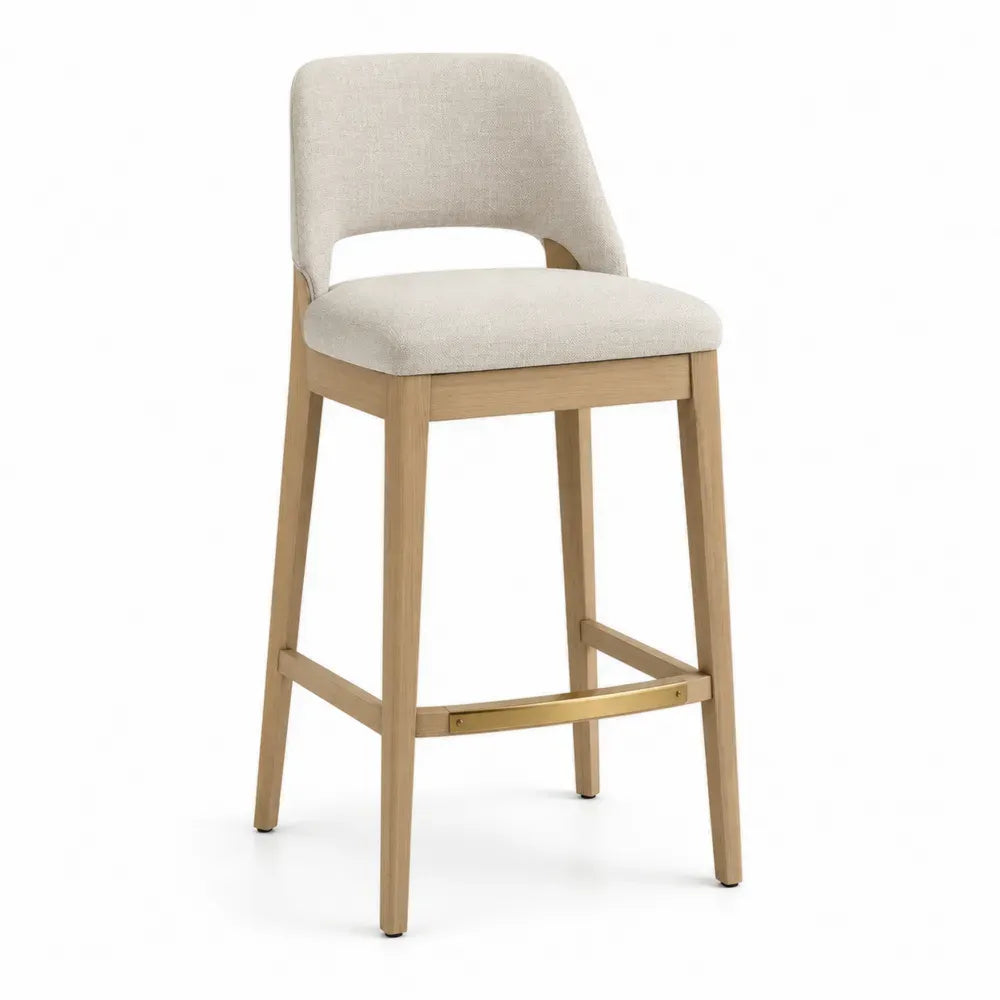 Barhocker mit Rückenlehne und Fußstütze rechteckiger Sitz Kautschukholz Polyestergewebe Naturfarben Creme Gold 47 x 52 x 103 cm