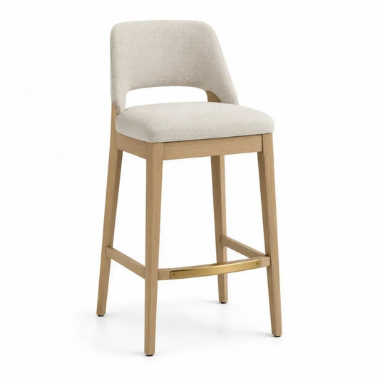 Barhocker mit Rückenlehne und Fußstütze rechteckiger Sitz Kautschukholz Polyestergewebe Naturfarben Creme Gold 47 x 52 x 103 cm