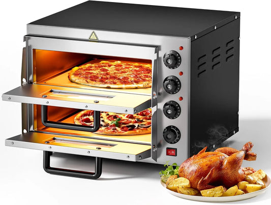 Elektrischer Pizzaofen 2-Etagen, 3000 W, 2-Etagen Pizza-Backofen 3000W mit Cordierit Stein für Pizza wie aus dem Steinofen Pizzaofen Backofen