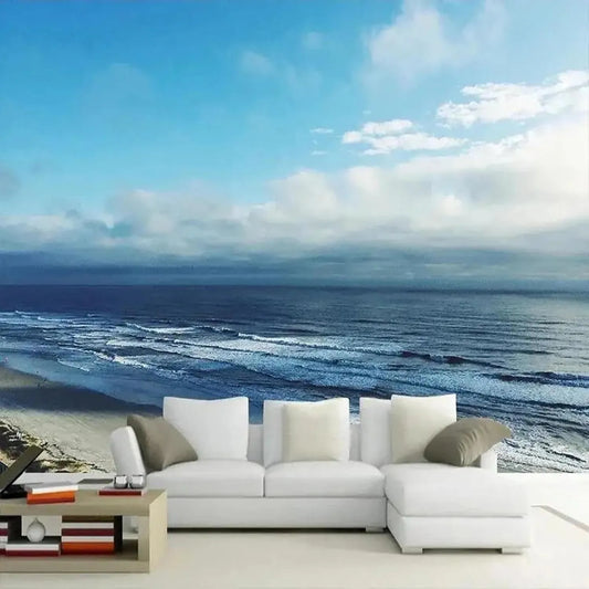 Fototapete, 3D-Optik, Wohnzimmergestaltung, Moderne 3D blauer Himmel, weiße Wolken, Strand