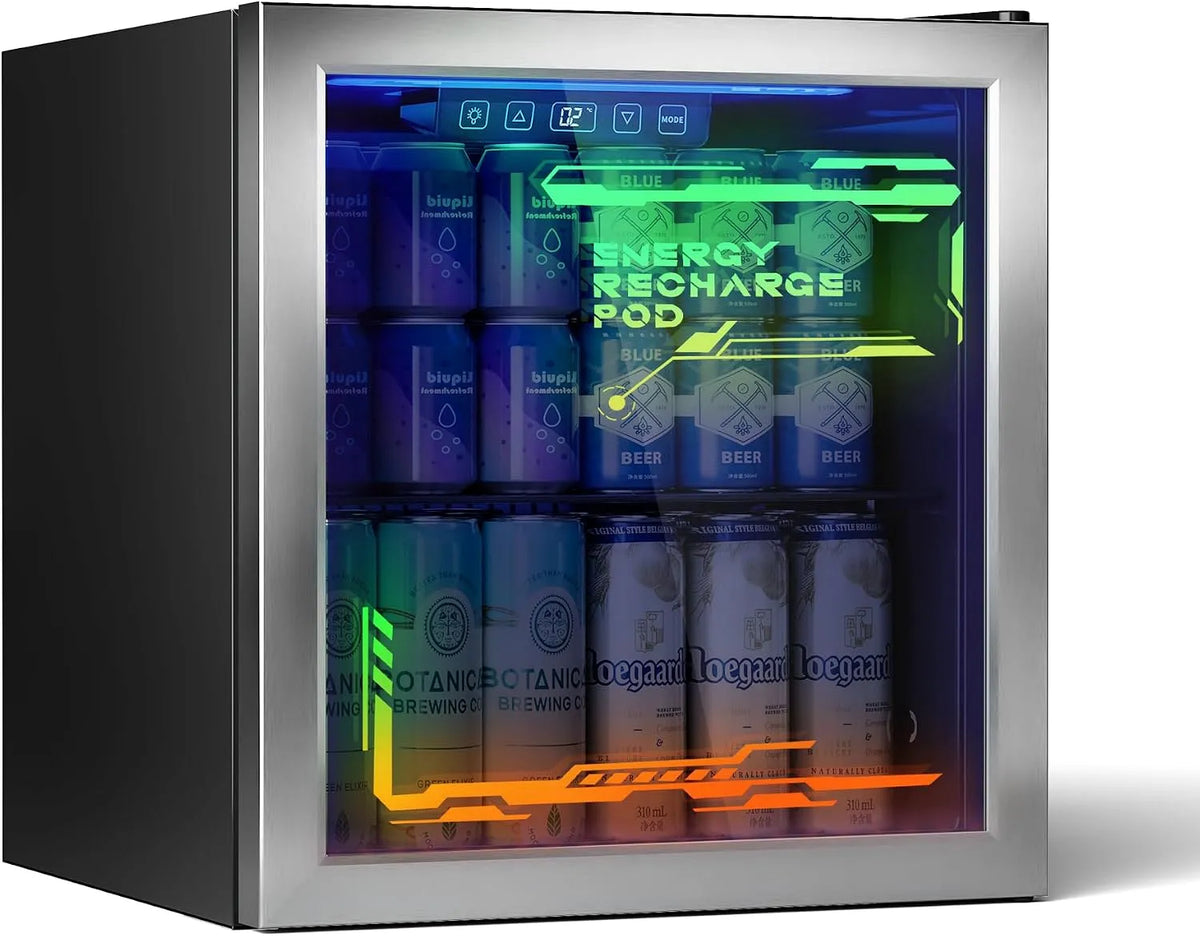 Kühlschrank, 50 L, TRIUMPHKEY, LED-Beleuchtung, Glas, TRIUMPHKEY 50L Getränkekühlschrank mit Glastür und RGB-LED-Beleuchtung