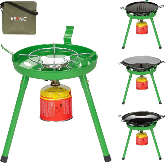 Campingkocher, Mianova 4in1 500g, Grill, Grün, Mianova 4in1 Campingkocher + Fladenbäcker + BBQ + Wok Grill + 4 x 500g Butangas Gaskartuschen Gas
