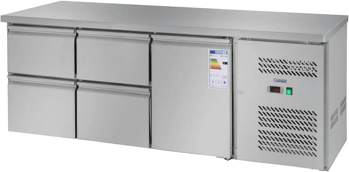 Gewerblicher Kühltisch RCKT-179/70 R600a, 403 L, Gastronomie, Edelstahl, 235 Kompressor, 1 Kühlfach und 4 Schubladen, Royal Catering Kühltisch