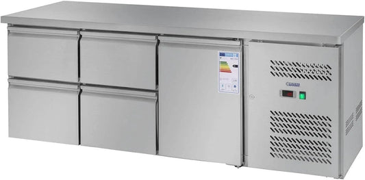 Gewerblicher Kühltisch RCKT-179/70 R600a, 403 L, Gastronomie, Edelstahl, 235 Kompressor, 1 Kühlfach und 4 Schubladen, Royal Catering Kühltisch