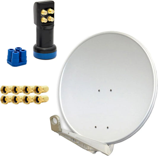 Smart TV, 85cm, Fernseher, 8x F-Stecker, Premium x Deluxe SAT Anlage bis 4 TV Receiver 85cm Satellitenantenne Aluminium Hellgrau mit LED Quad LNB