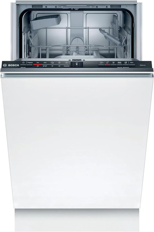 Bosch Serie 2 SPV2IKx10E Geschirrspüler, 45 cm, aquaStop, Besteckkorb, Slim-Format, vollintegriert, Edelstahl, Weiß, 45 cm Breit, InfoLight Roter