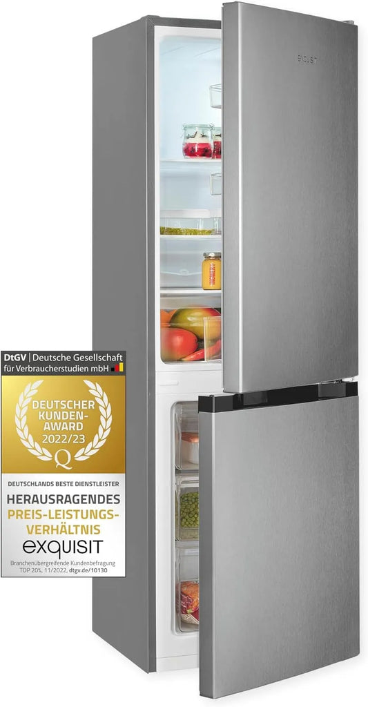 Exquisit KGC231-60-E-050C Kühl-Gefrierkombination, 157 L, Edelstahl, Kühlschrank mit Gefrierfach, Inox-Look