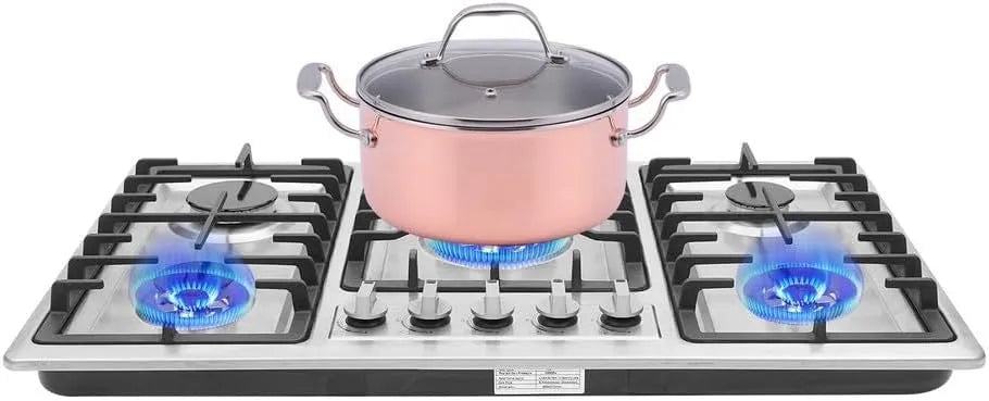 Gaskochfeld, 86cm, Einbau, Edelstahl, Gaskocher, Schwarz, Gaskochfeld 5 Flammen Einbau Schwarz 86cm Edelstahl Erdgas