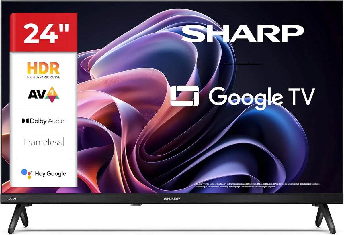 Google 24HF2365E Smart TV, 24 Zoll, 60 Hz, Energieklasse E, Fernseher, HDMI, USB, rahmenlos, Bluetooth, Schwarz, Ton 2x3 W, SHARP, HDMI x3, USB x2