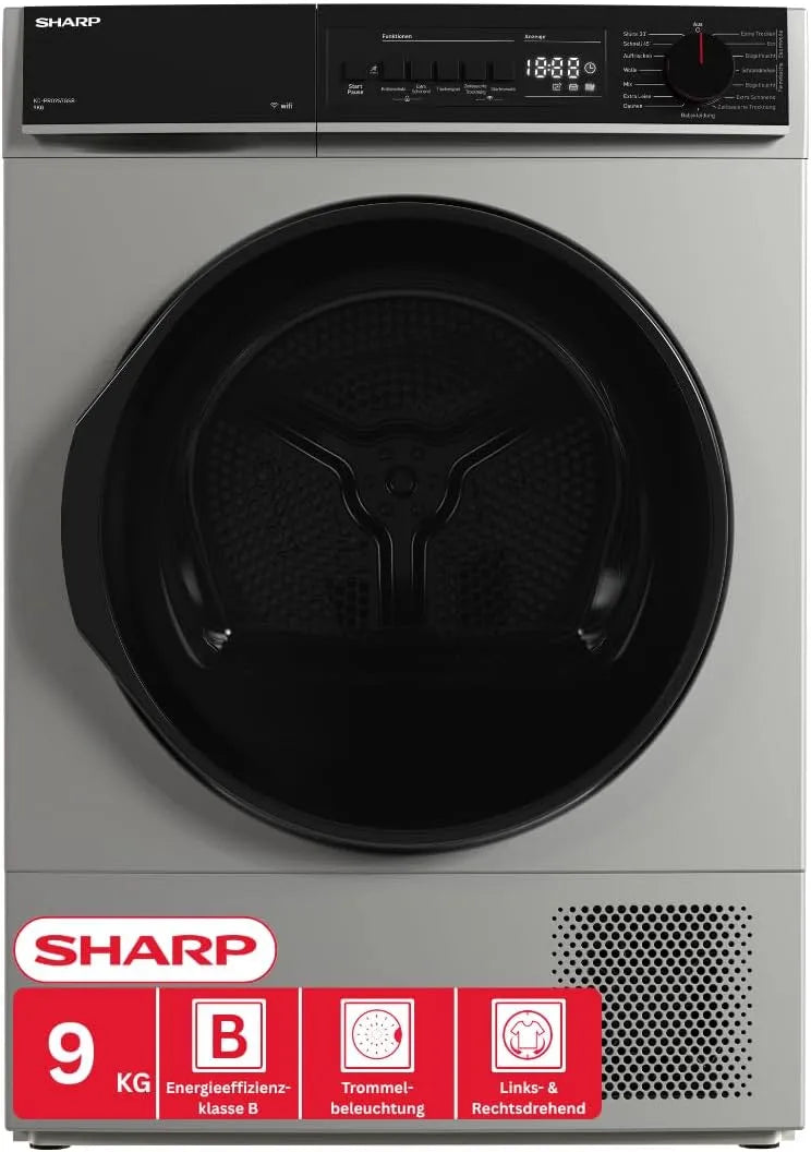 Sharp KD-PRO9S7GSB-DE 30-Minuten-Schnelltrockenprogramm Wäschetrockner, 9 kg, WLAN, Silber, 15 Trockenprogramme inkl, 9kg, WiFi