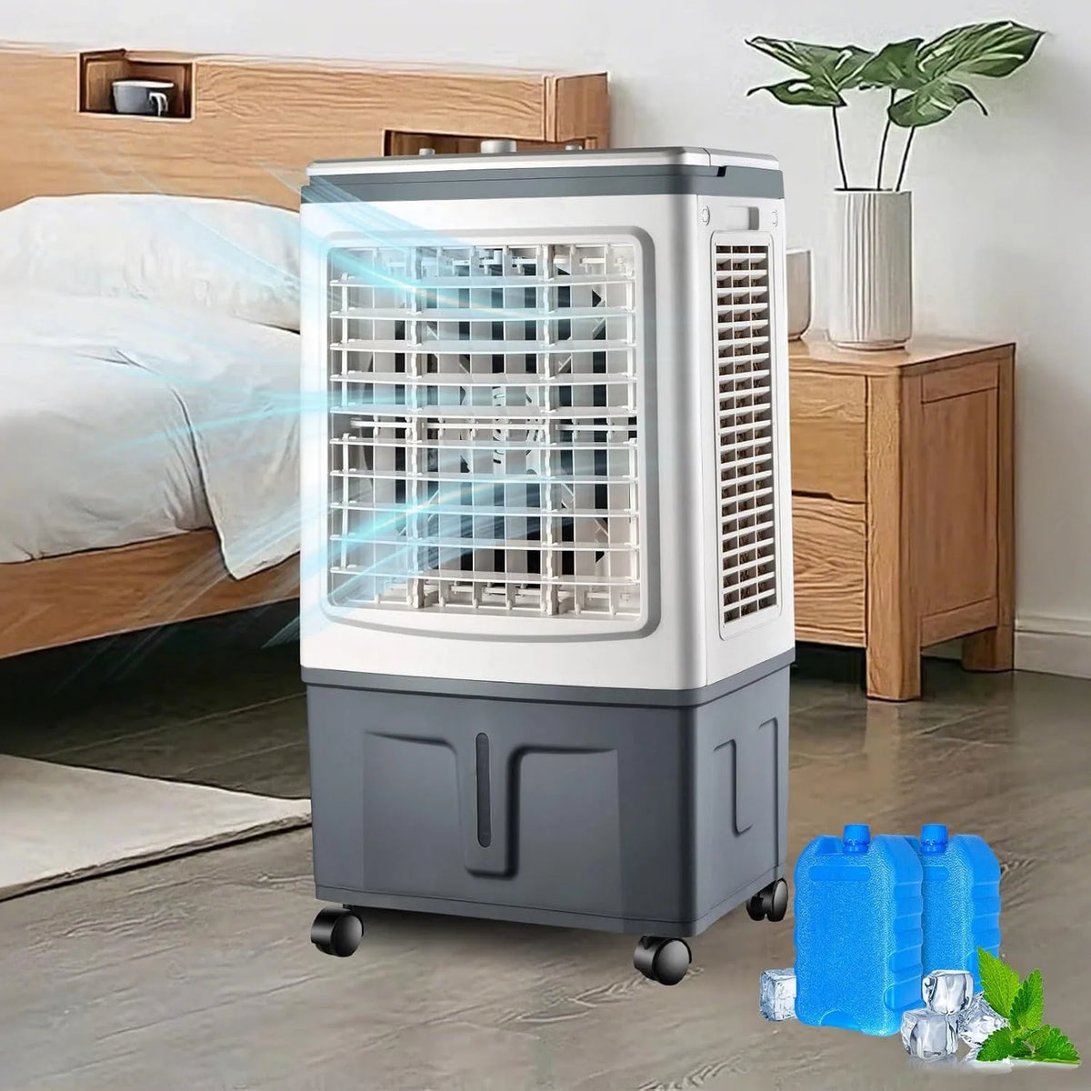 Klimaanlage, 30 L, 100 W, 3000 m3/h, 3‐seit, 3 Geschw, 2 Kühlakkus, links‐rechts automatisch, 3000m3, 100W, für für Schlafzimmer & Büro